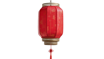 Traditional red Chinese lantern with gold characters, isolated on transparent background © Lilia