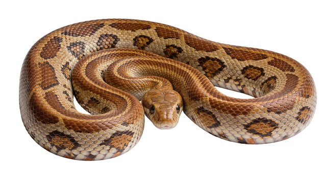 Brown patterned python coiled gracefully, isolated on transparent background
