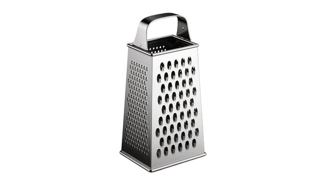 Shiny metal box grater with handle, isolated on transparent background