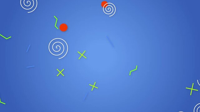 Abstract Geometric Motion Graphics Background Featuring Floating White Spiral Shapes And Green Linear Cross Symbols With Bright Orange Circular Dots Animated On A Smooth Flat Solid Blue Screen Backdro