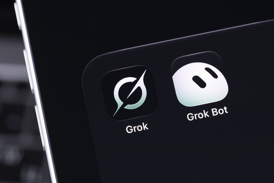 Grok, Grok Bot mobile icon app on a screen smartphone. Grok is a generative AI-powered chatbot developed by xAI. Batumi, Georgia - October 3, 2026