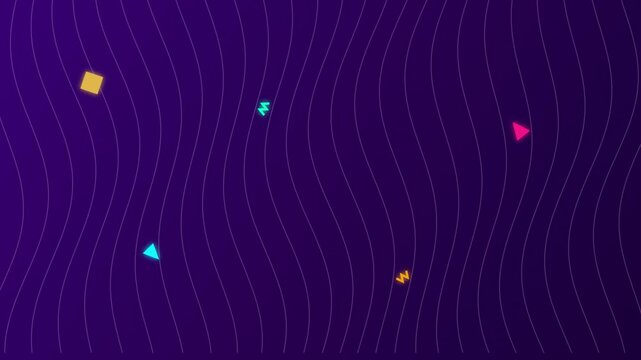 Abstract Motion Background Featuring Floating Colorful Geometric Shapes And Animated Vertical Wavy Lines Set Against A Deep Purple Gradient Backdrop For Modern Digital Presentations And Multimedia Pro