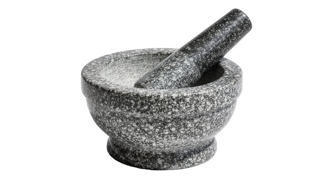 Granite mortar and pestle set speckled stone kitchen tool, isolated on transparent background