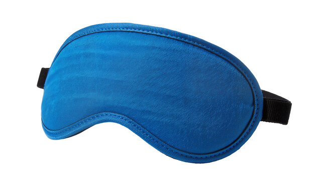 Blue fabric sleep mask with black elastic strap, isolated on transparent background