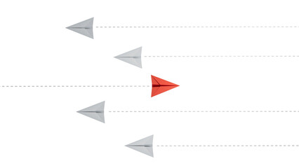 Business for new ideas creativity, innovative and solution concepts. Group of white paper plane in one direction and one red paper plane pointing in different way.Supports PNG files © feng