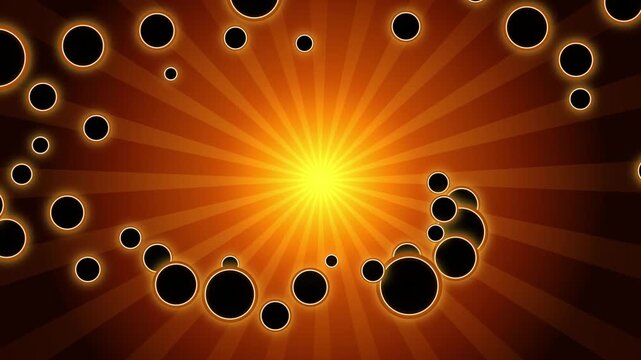 Abstract Motion Graphics Featuring Dark Spherical Orbs With Glowing Orange Edges Orbiting A Radiant Central Light Source Against A Dynamic Sunburst Pattern Backdrop For High Energy Visual Backgrounds