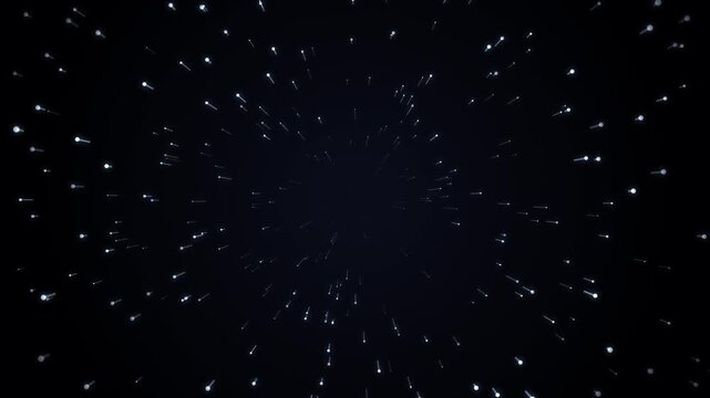 Cosmic warp speed effect with glowing white light particles flying through deep space on dark background for cinematic futuristic science fiction motion graphics background footage for creative projec