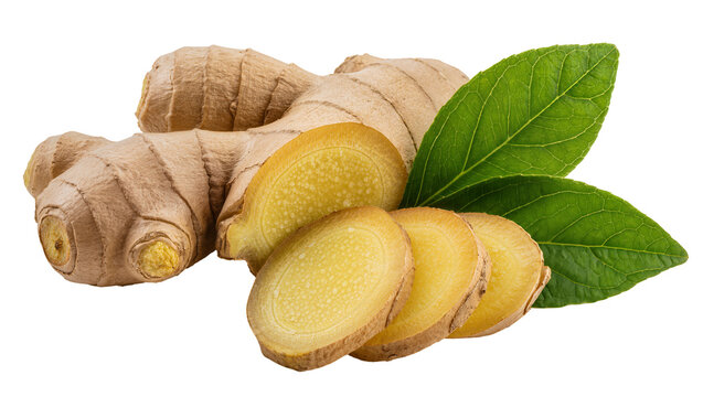 Whole and sliced ginger root with green leaves, isolated on transparent background