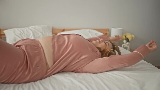 Woman lying on bed with belly visible, arm outstretched and smiling, laughing while resting in building; relaxation comfort.