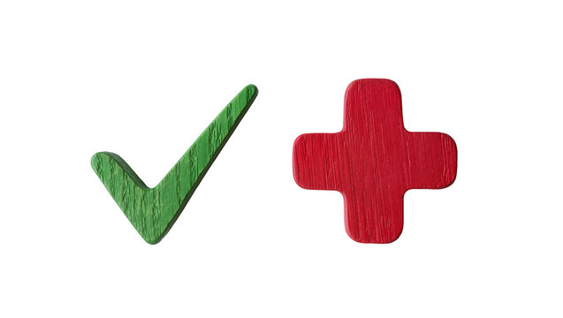 Green wooden checkmark and red wooden plus sign, isolated on transparent background