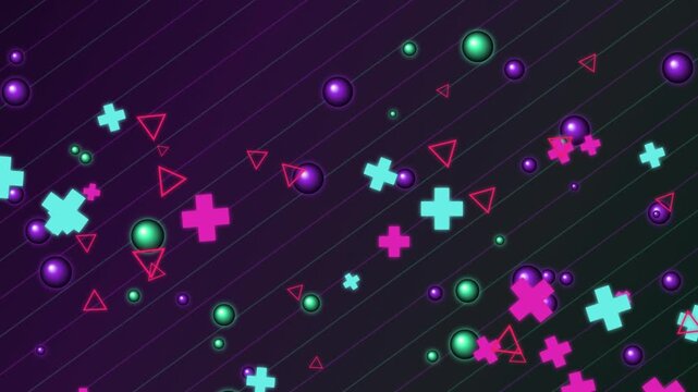Dynamic 3D Motion Graphics Background Featuring Neon Geometric Shapes Floating Particles Spheres Plus Signs And Triangles Moving Across A Dark Diagonal Striped Surface For Futuristic Digital Projects