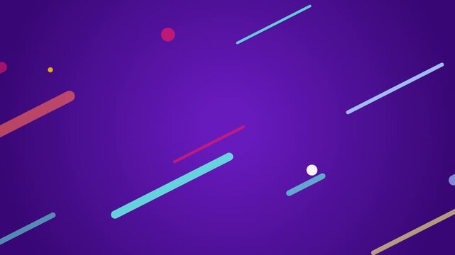 Dynamic Motion Graphics Featuring Abstract Diagonal Floating Colorful Neon Light Streaks And Glowing Particles Moving Across A Deep Rich Purple Background For Modern High Energy Digital Media Presenta