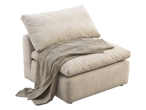 Beige upholstered lounge chair with an oversized loose back cushion, deep seat and textured woven fabric, accented by a draped striped throw, shown as a 3D render and furniture visualization.