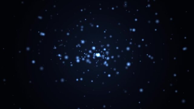 Floating blue particle light bokeh background featuring a soft glowing center point of light and sparkling dust elements floating in deep space motion graphics design for premium video presentations