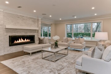 Naklejka premium Elegant neutral living room with modern fireplace, sectional seating, glass coffee table, large windows, and cream furnishings in a refined residential interior