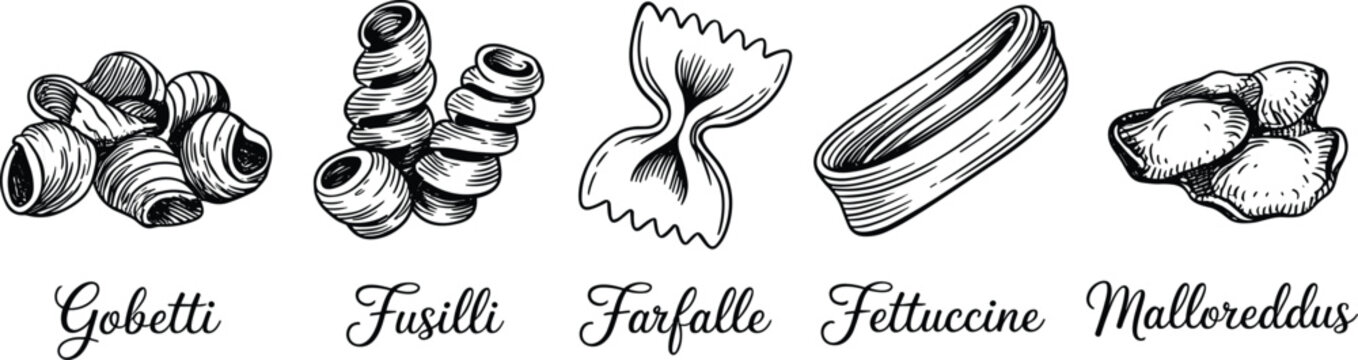 Set of various italian pasta types including gobetti, fusilli, farfalle, fettuccine, and malloreddus, hand-drawn black and white line