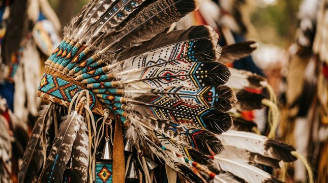 Close-up of a Native American Headdress with Intricate Featherwork and Beading.