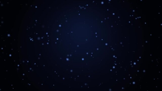 Floating glowing blue particles on a dark deep space background with soft bokeh light orbs moving slowly in a cinematic motion graphics animation for digital scientific themes and futuristic textures
