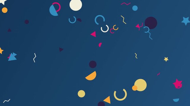 Floating Memphis Style Geometric Shapes Animation on Blue Background Featuring Animated Stars Triangles Circles and Squiggles Perfect for Modern Digital Marketing and Dynamic Corporate Presentations