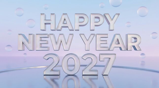 Happy New Year 2027 silver metallic text with bubbles on pastel gradient background