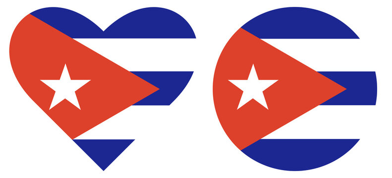 Cuba flags variation. Flag of Cuba isolated in heart shape. Round flag isolated in circle shape.