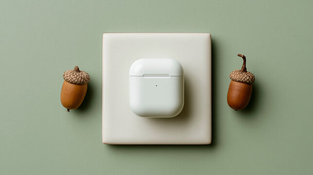 Modern white wireless charging case resting neatly between two natural brown oak acorns above
