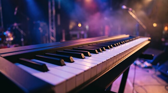 Digital Piano Keys on Stage Under Vibrant Lights