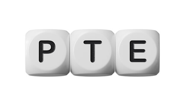 Three wooden dice with the letters PTE.close up of wooden dice,Business Concept.Supports PNG files with transparent backgrounds.