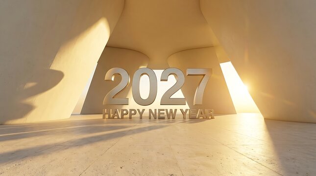 Golden 2027 new year celebration in a minimalist architectural space with warm lighting