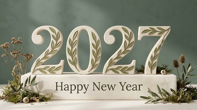 Festive 2027 new year numbers with laurel leaves and foliage on a white surface