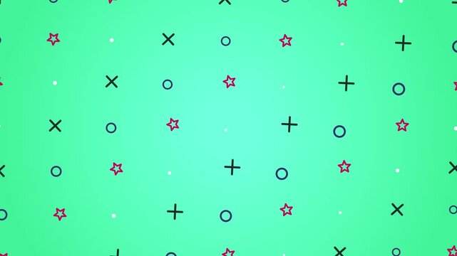 Minimalist Animated Pattern Featuring Colorful Stars Plus Symbols And Circles On A Vibrant Mint Green Background Design Loop For Creative Motion Graphic Displays And Digital Media Projects Modern Styl