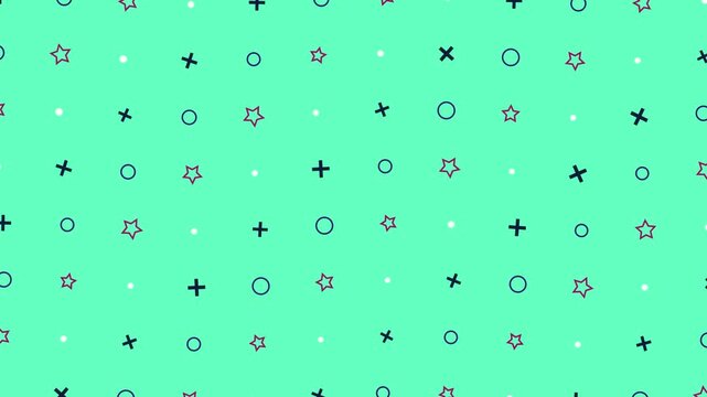 Minimalist geometric pattern animation featuring repeating x symbols and circular shapes with stars on a light green background seamless motion graphic loop for creative digital broadcast design proje