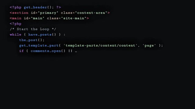 Typing PHP Code and WordPress Loop Animation on Dark Screen