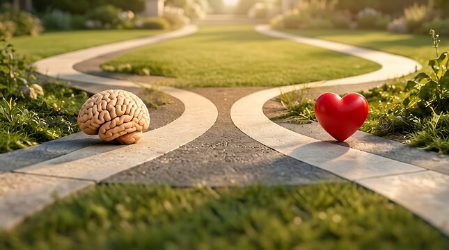 Conceptual illustration of a human brain and red heart sitting on a diverging garden path representing the choice between logic and emotion, rationality versus passion at a life crossroads.