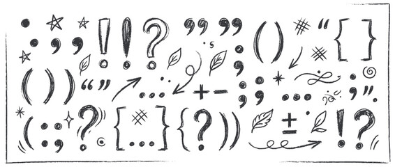 Fototapeta premium Punctuation marks and symbols set. Typography symbols isolated on white background. Question marks, exclamation marks, quotation marks, brackets, parentheses, arrows, asterisks, dashes, leaf symbols.