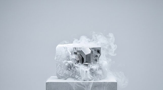 Solid block of frosted ice sublimating to reveal pristine titanium geometric core