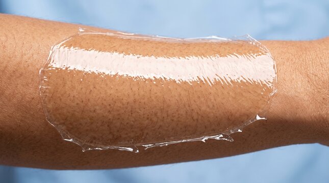 Peeling clear silicone scar sheet hydrocolloid bandage off human hairy arm