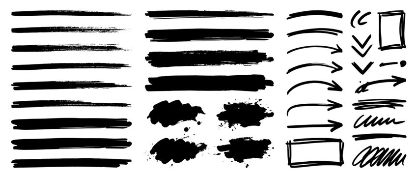 Black ink brush stroke arrows and shapes. Hand-drawn abstract line art elements. Arrows, brackets, blobs, squiggles, rectangles, lines. Vector illustration.