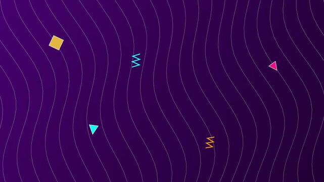 Purple motion background featuring dynamic wavy vertical line patterns and floating colorful geometric shapes animation for modern digital screen visuals and broadcast design overlays in high resoluti