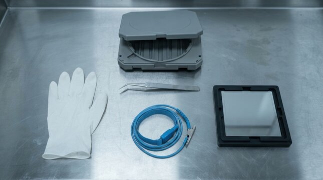 Semiconductor fab tools knolled on steel bench: wafer carrier pod, tweezers, cleanroom gloves, static wrist strap and photomask for chip manufacturing