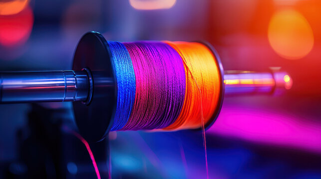 Colorful thread spool with vibrant hues of purple, orange, and blue, illuminated by soft, colorful lights, creating dynamic and artistic