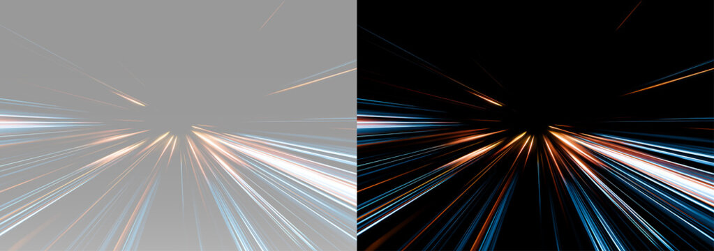 Orange and blue light streaks spreading from the center with thin glowing lines, bright white highlights and long sharp rays