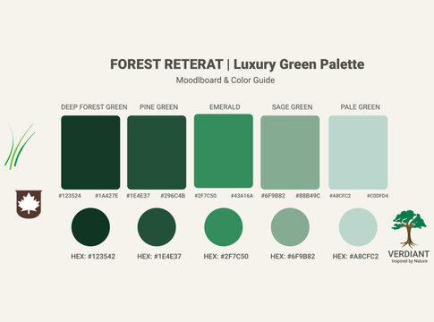 Forest retreat luxury green color palette moodboard with hex codes, featuring deep forest, pine, emerald, sage, and pale green swatches