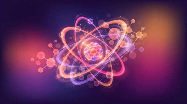 Glowing cosmic atomic structure with orbital rings, molecular lattice, and vibrant nebula bokeh background   