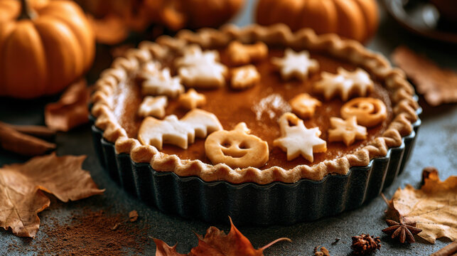 Pumpkin pie decorated with halloween pastry cutouts isolated on a