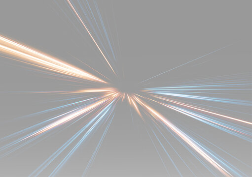 radial burst of blue and orange lines with narrow white highlights, pointed light beams and long trails creating a sense of speed