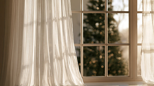 Sheer white curtains glowing in warm sunlight beside a gridded window with blurred evergreen foliage outside, creating a calm softly lit residential interior scene