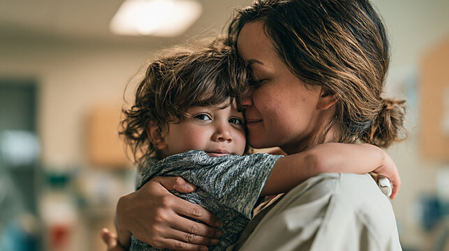 Mother embracing young child with closed eyes and affectionate cheek touch, intimate family portrait in softly blurred indoor surroundings with warm natural light and tenderness
