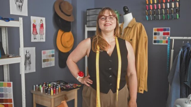 Woman wearing glasses and pincushion bracelet holding yellow measuring tape with hand on hip beside mannequin and thread spools in studio; craft confidence.