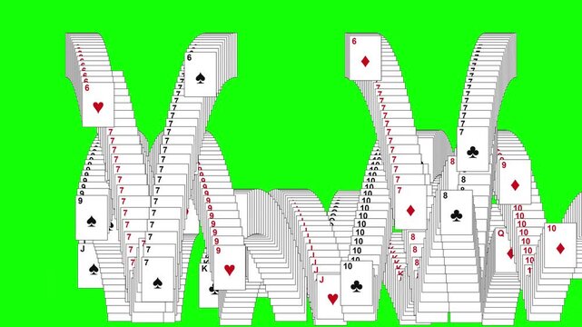 Retro solitaire win cascade with bouncing playing cards trailing across green screen, representing card game victory, classic computer game, and nostalgic gaming.
